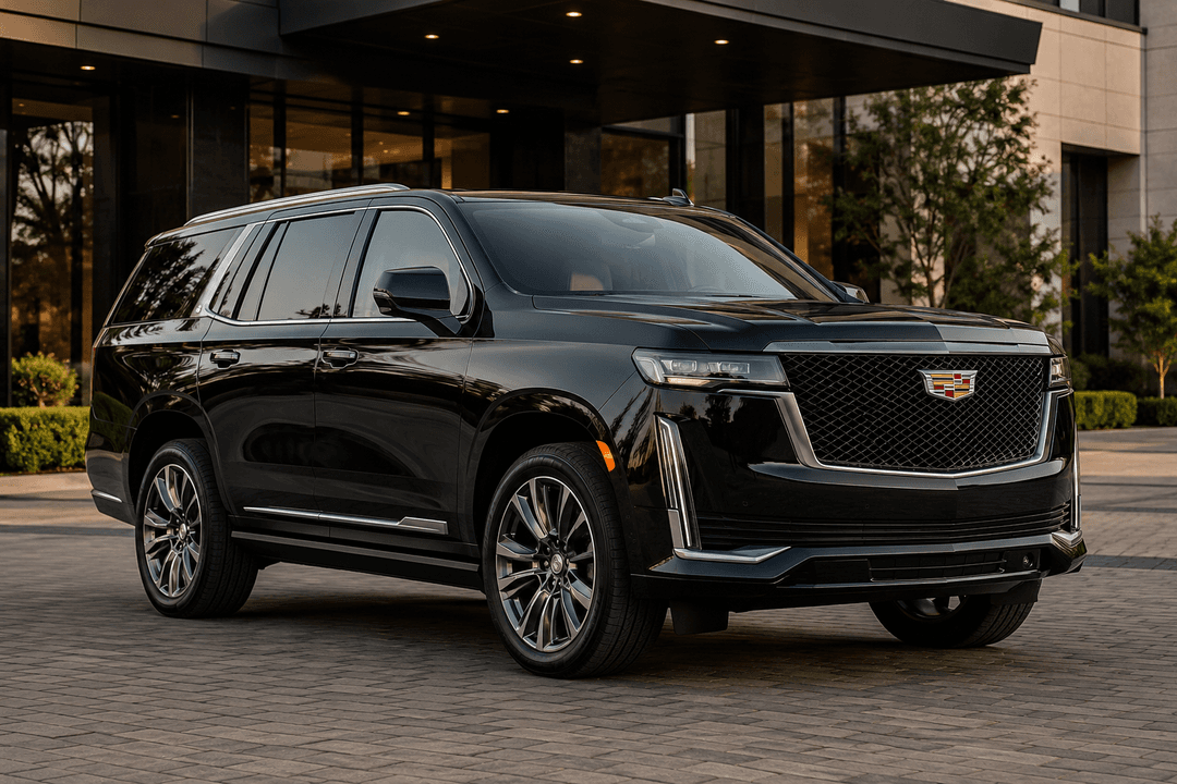 Black luxury SUV at an executive airport terminal (illustrative image)