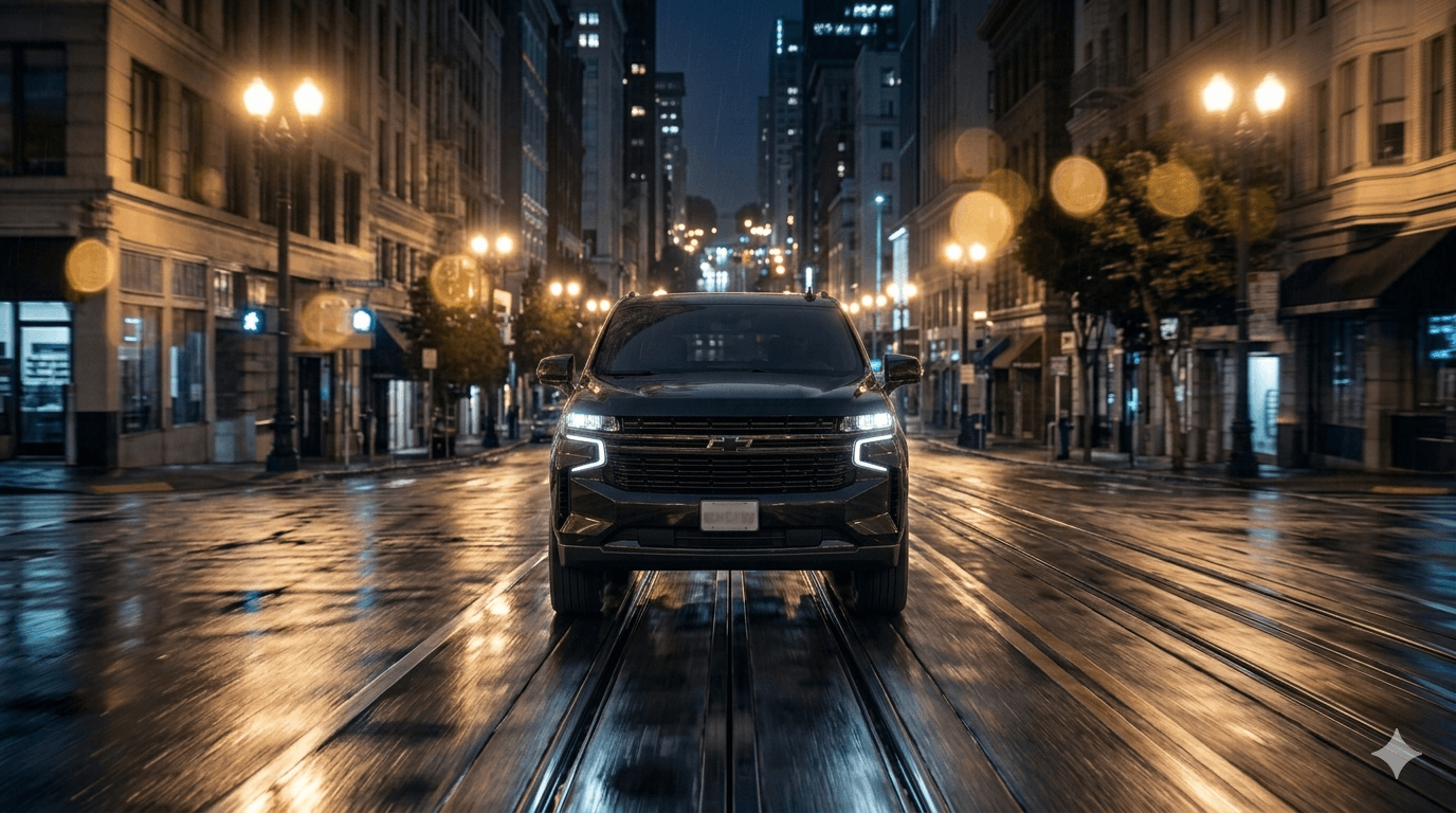 Luxury black limo service nighttime San Francisco Bay Area
