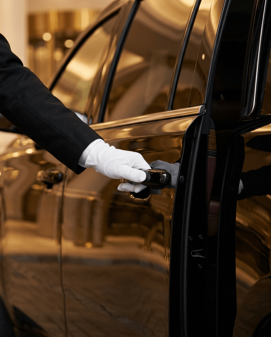 Professional Airport Black Limo chauffeur opening a luxury vehicle door