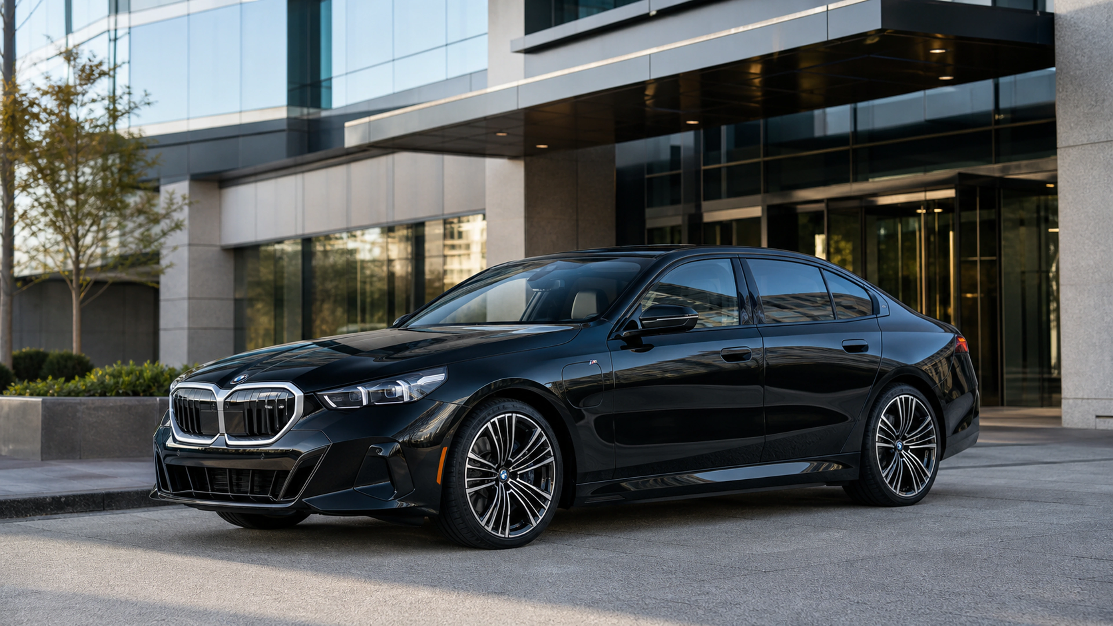 Black 2025 BMW i5 outside a modern corporate office for executive transportation