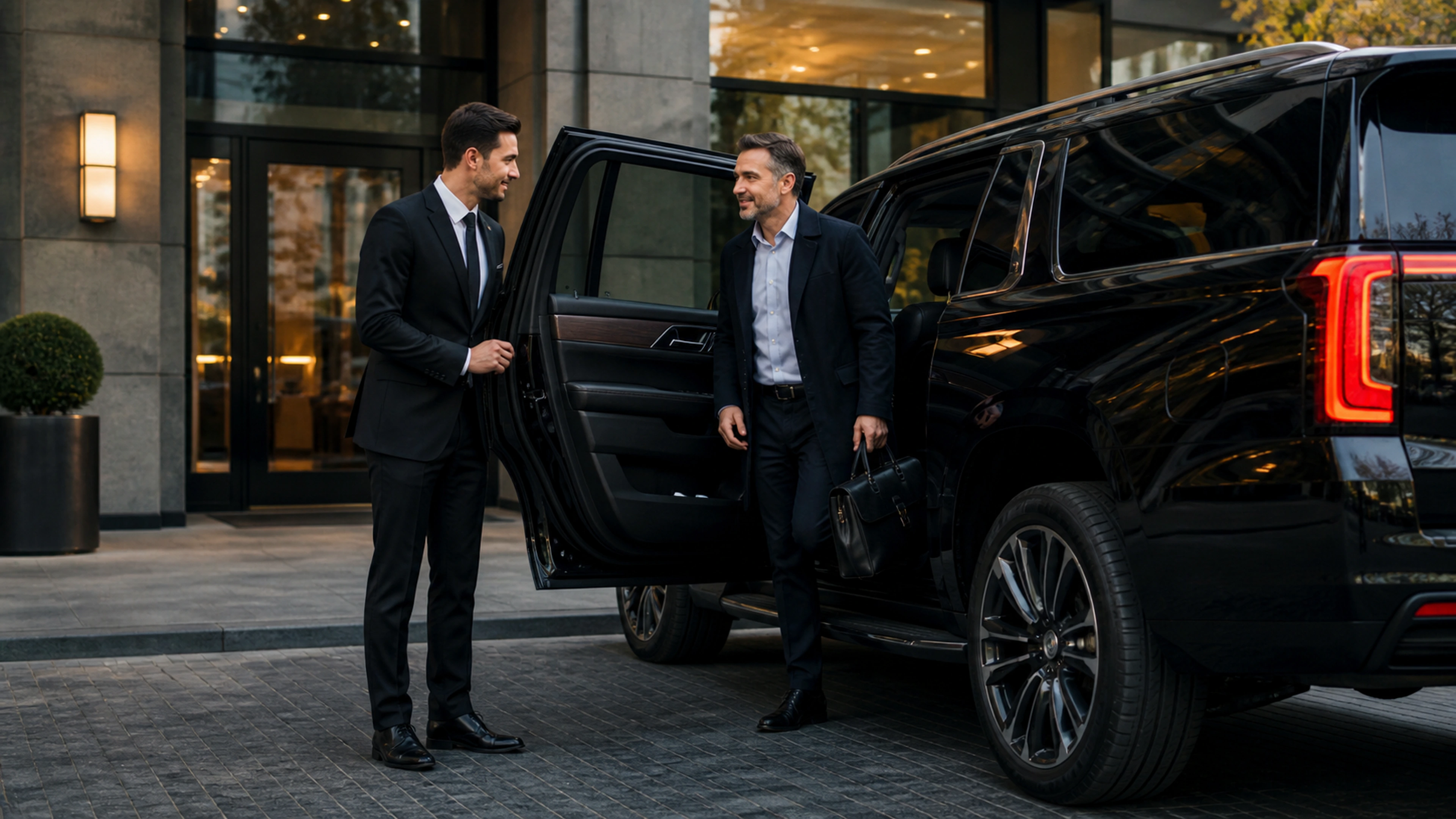 Professional chauffeur assisting an executive passenger beside a luxury black SUV