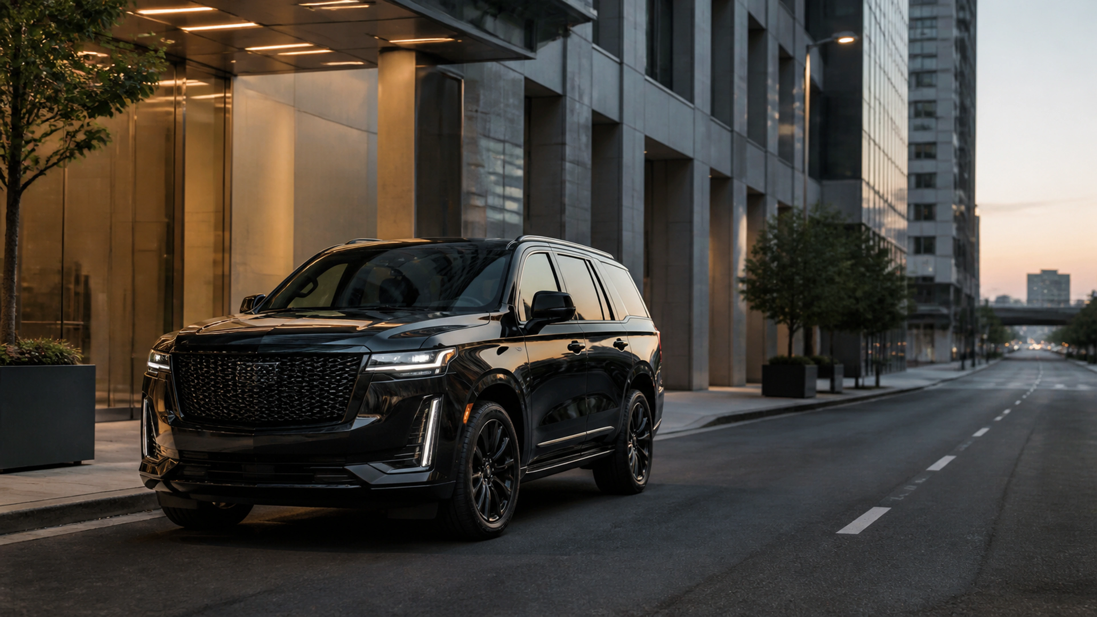 Luxury black SUV at an upscale city curb for point-to-point service