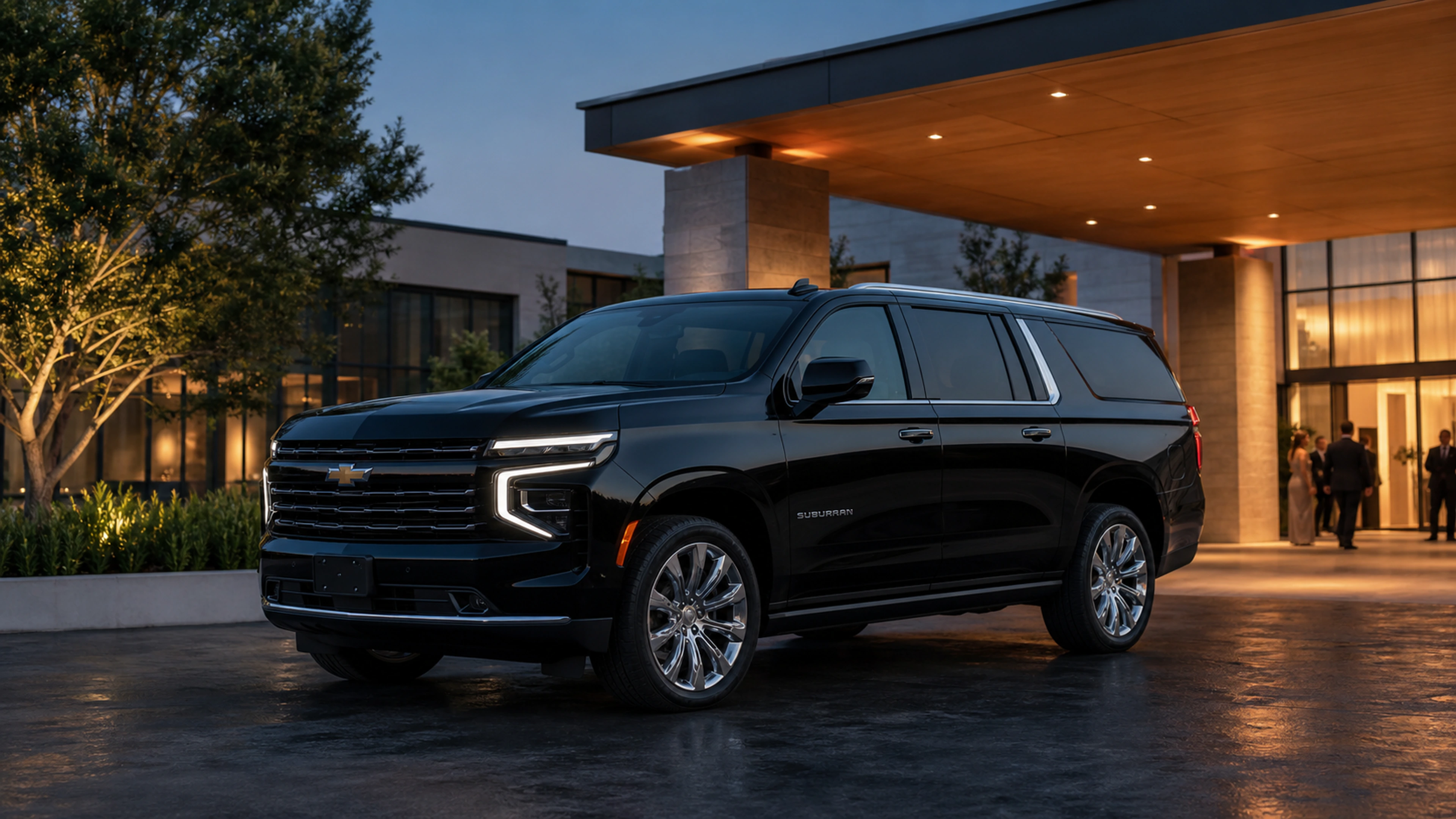 Black 2026 Chevrolet Suburban arriving at an upscale special event venue