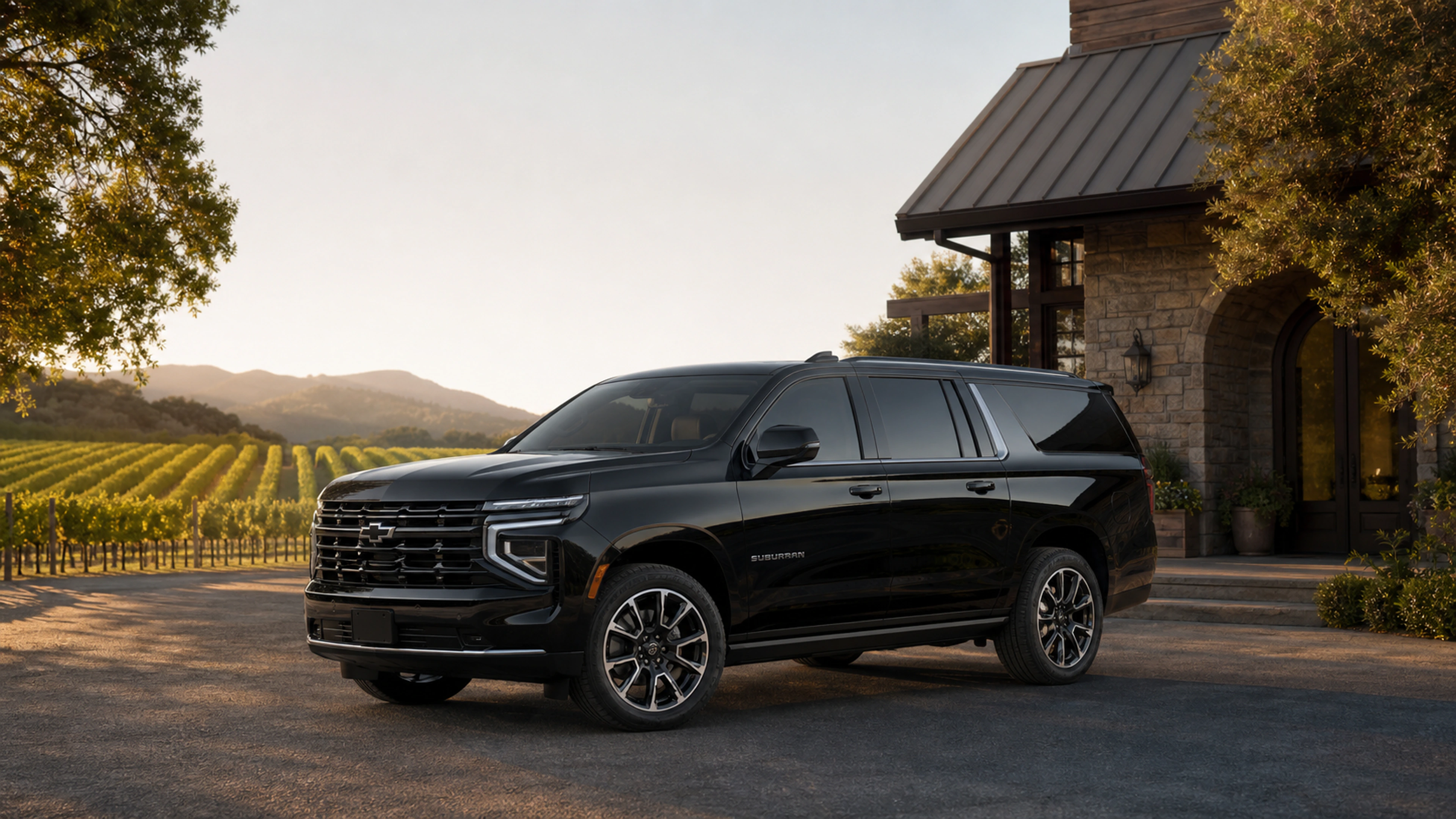 Black 2026 Chevrolet Suburban at a Napa Valley winery and vineyard