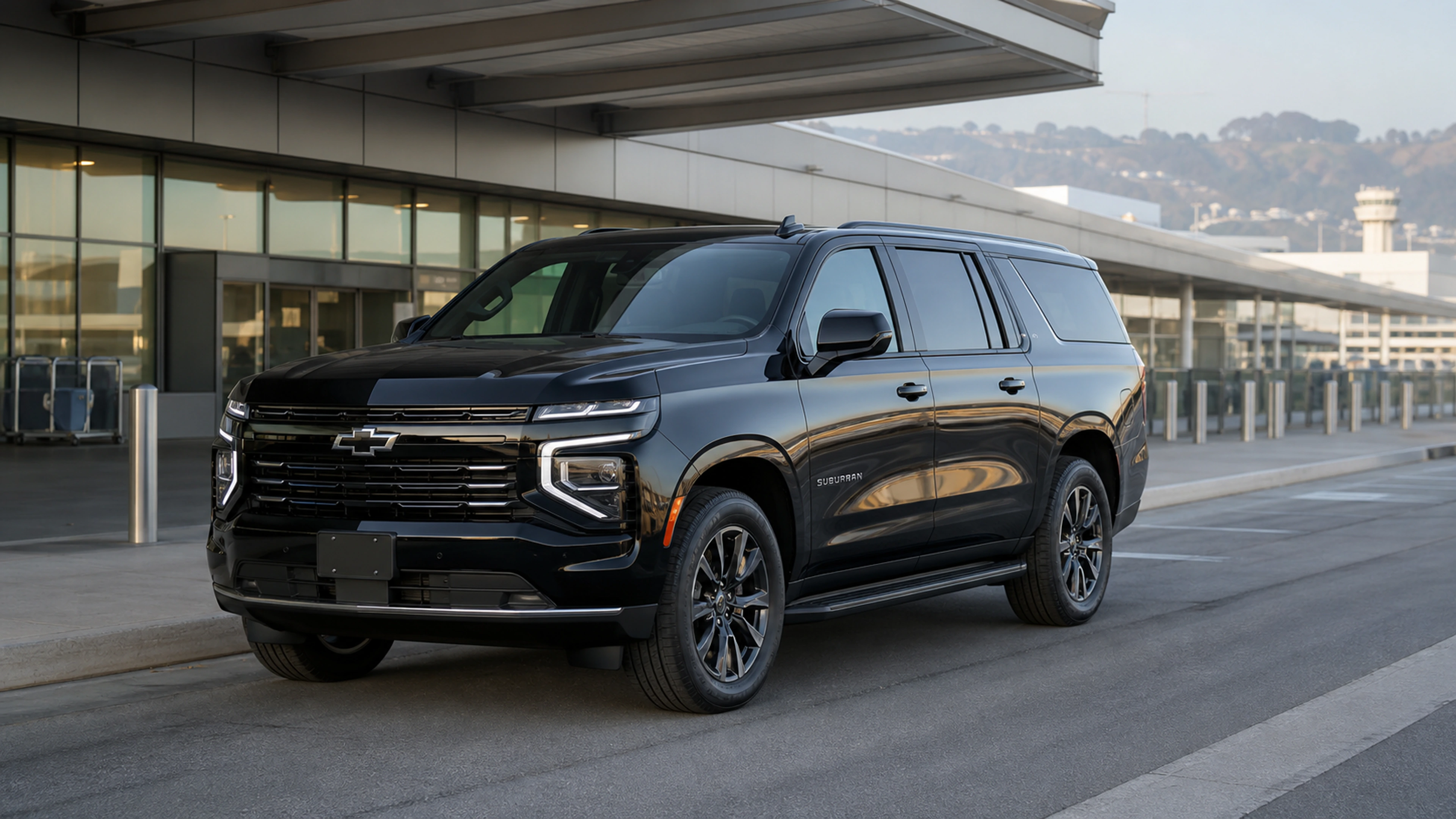 Black 2026 Chevrolet Suburban at Oakland International Airport curbside